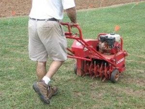 Core aeration being used as part of fall lawn maintenance